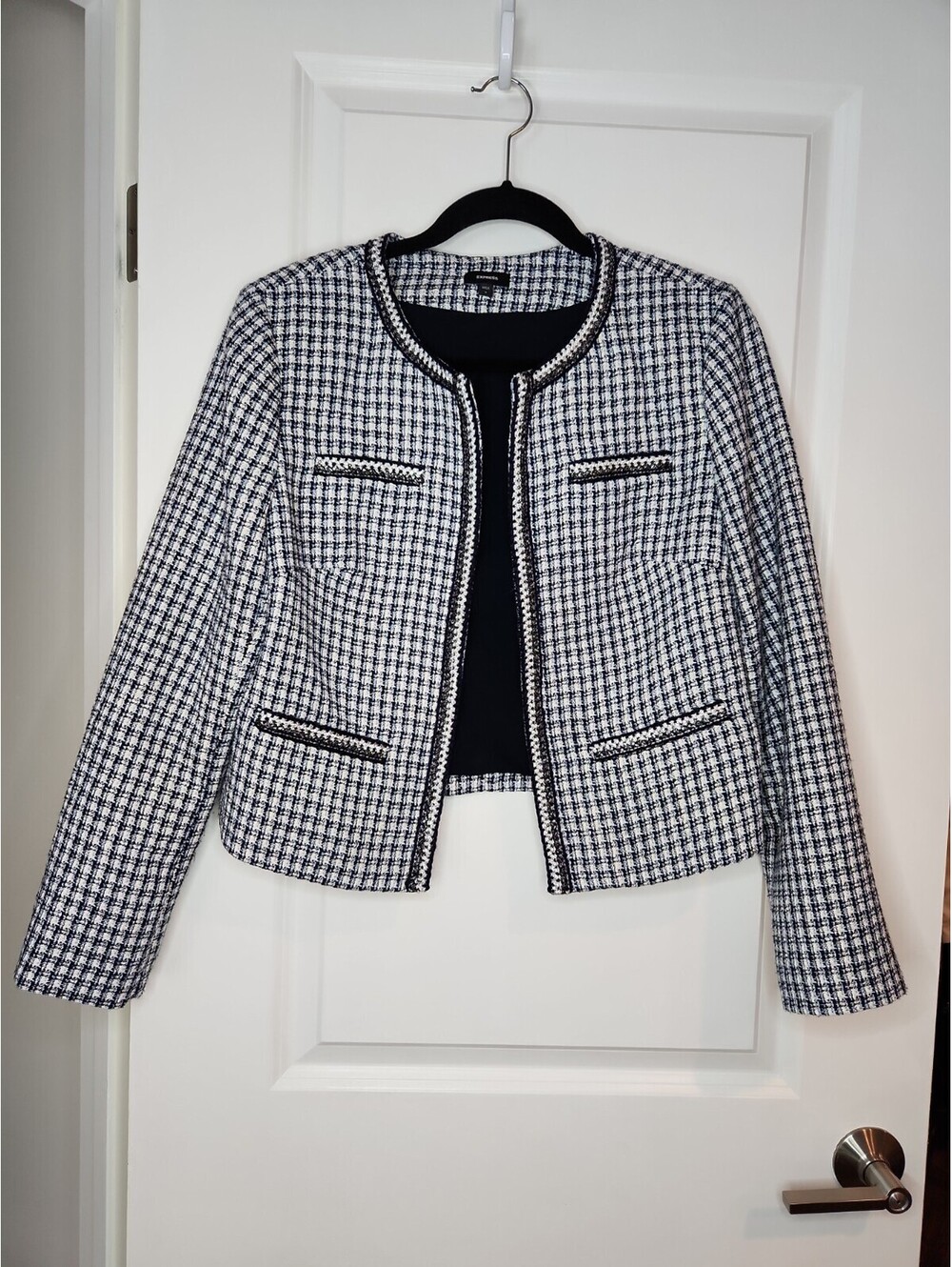 Express Tweed Plaid Blazer Women's M Navy Blue White Open Front Cropped Jacket